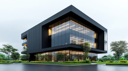Fototapeta premium Modern black building with large glass windows and greenery.
