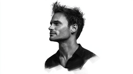 Realistic Black and White Portrait of Young Man with Modern Hairstyle, Confident Profile Pose, Pencil Sketch Illustration on White Background