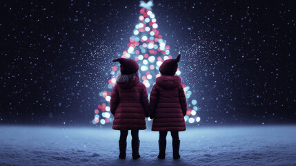 Two children in red coats stand hand in hand, gazing at beautifully lit Christmas tree. Snowflakes gently fall around them, creating magical holiday atmosphere