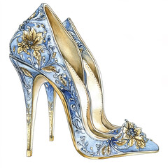 Obraz premium Elegant blue embroidered high heels with intricate floral design