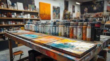 Obraz premium Paint-splattered table, artist's studio, colorful paints.