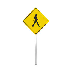 Miniature pedestrian warning sign with metallic pole, isolated on transparent background.