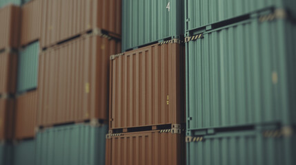 Fototapeta premium close up view of stacked shipping containers in various colors, showcasing their industrial design and texture. arrangement creates visually striking pattern