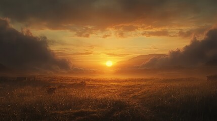 Obraz premium A serene sunset over a grassy landscape, with soft clouds and a tranquil atmosphere.