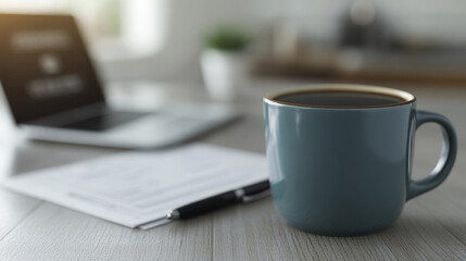 cozy office scene featuring blue coffee cup, pen, and tax return documents on wooden desk, creating productive atmosphere for work