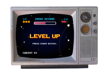 LEVEL UP. pixel art .8 bit game. Retro Futurism Sci-Fi Background. glowing neon grid. on old retro television. Isolated on white background.