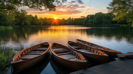 Fototapeta premium A serene sunset over a tranquil lake with wooden boats moored at the shore.
