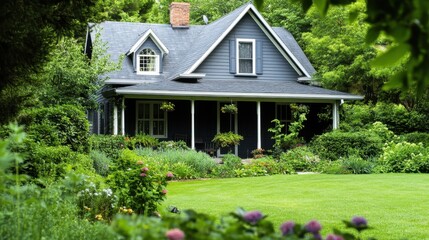 Charming Blue House Surrounded by Lush Green Garden and Flowers