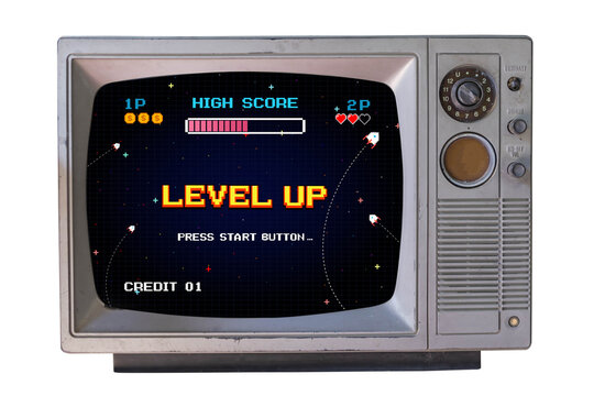 LEVEL UP. pixel art .8 bit game. Retro Futurism Sci-Fi Background. glowing neon grid. on old retro television. Isolated on white background. - Powered by Adobe