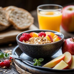 scrumptious breakfast with OJ, wholegrain bread, apple, and cereal