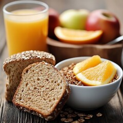 yummy breakfast with OJ, bread, apple, and cereal