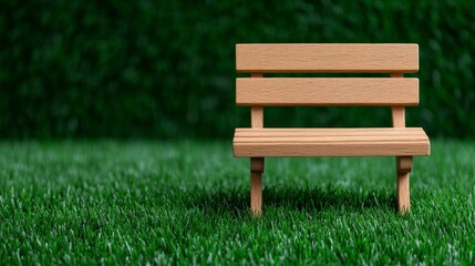 Fototapeta premium The Essence of Serenity: A solitary wooden bench, a symbol of rest and reflection, nestles amidst a vibrant expanse of green grass, embodying peace.