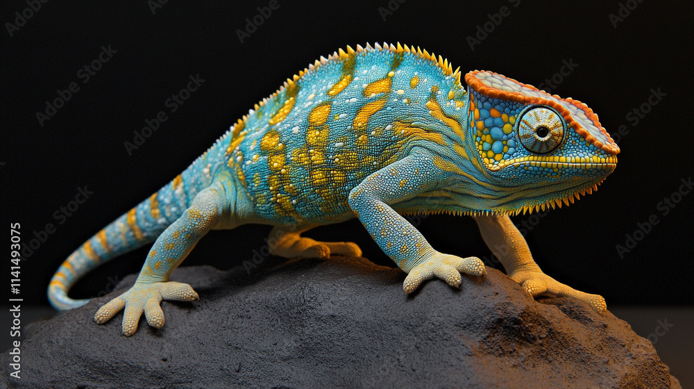 Poster colorful chameleon perched on a rocky surface in a studio setting showcasing its vibrant patterns