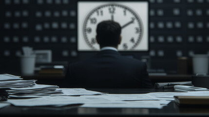 man in suit sits at desk surrounded by paperwork, focused on clock and computer screen. atmosphere conveys urgency and concentration in modern office setting