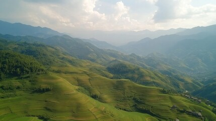 Obraz premium Serene Aerial View of Lush Green Terraced Rice Fields in Mountain Landscape