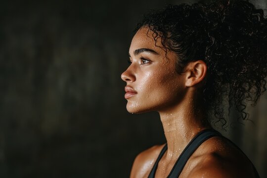 Close-up of a sweaty woman with curly hair, looking away. Ideal for fitness, health, and wellbeing themes.
