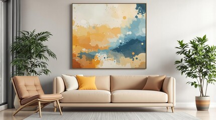 Scandinavian Minimalist home interior design of modern living room, with white wall, abstract colorful painting, sofa and houseplants.