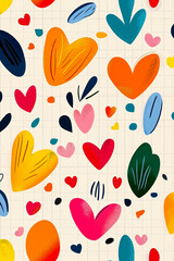 A pattern of colorful hearts on a white background