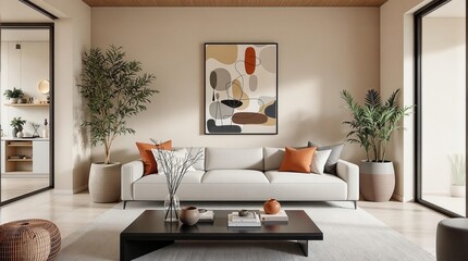 Scandinavian Minimalist home interior design of modern living room, with beige wall, abstract wall painting, modern sofa with houseplants.