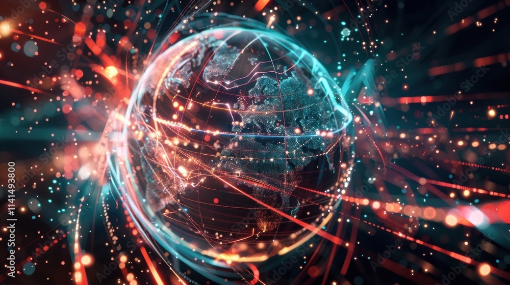 Poster light trails and particles swirling around digital earth globe rotating in space, visualizing global