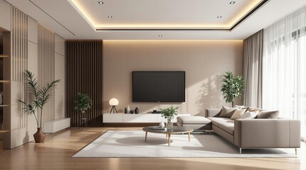 Fototapeta premium beige Minimalist hall home interior design of modern living room ,with tv and houseplants 