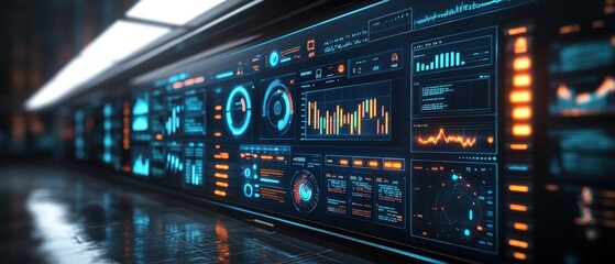 A futuristic control panel displaying various data visualizations, graphs, and metrics in vibrant blue and orange colors.