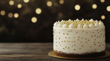 Delicious celebratory cake adorned with golden sprinkles and white frosting, perfect for festive occasions and gatherings. warm bokeh background adds magical touch