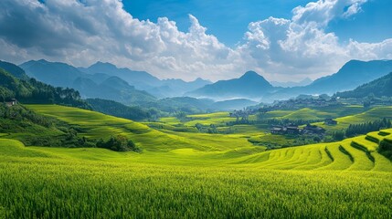 Obraz premium Lush green landscape with rolling hill, wallpaper, background and mountain, nature, background under a blue sky with clouds.