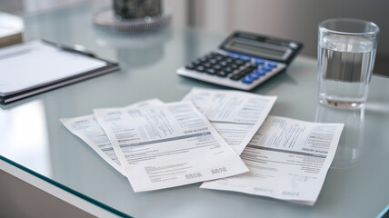 Obraz premium Medical bills scattered across a desk, symbolizing the financial burden and stress of healthcare costs, highlighting the need for affordable and accessible medical care for all.