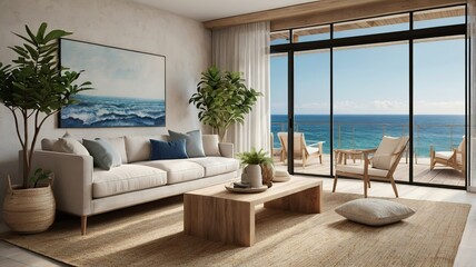 Naklejka premium 3D rendering of a coastal-themed minimalist living room with natural jute rugs, linen sofas, white-washed wood, and an ocean-view balcony.