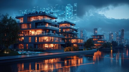 Fototapeta premium A serene urban waterfront scene featuring modern buildings illuminated at dusk, reflecting beautifully on the water.