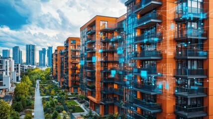 A vibrant urban scene featuring modern apartments with balconies, surrounded by greenery and digital overlays, showcasing a blend of nature and technology.