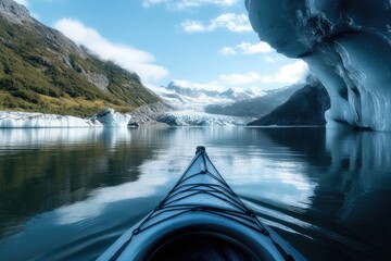 Canoe in serene wilderness: tranquil waters, picturesque landscape, outdoor adventure, scenic beauty, natural harmony, peaceful journey, lush surroundings, aquatic exploration, dyllic escape.