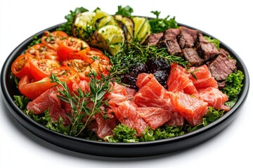 Colorful Assorted Meat Platter with Fresh Vegetables and Herbs