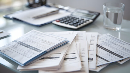 Obraz premium Medical bills scattered across a desk, symbolizing the financial burden and stress of healthcare costs, highlighting the need for affordable and accessible medical care for all.