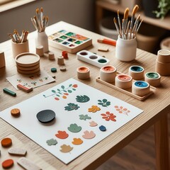 A creative workspace featuring a variety of paints, brushes, and colorful art materials arranged on a wooden table, perfect for artistic projects.