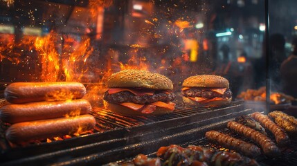 Juicy burgers and sausages grilling on flames. Perfect for restaurant menus, food blogs, or articles about grilling.