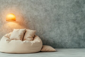 Gentle dreams, warm amber lamp, bold charcoal gray space, oversized beanbag, scattered cushions, soft textures, intimate reading experience