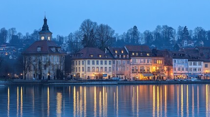 Serene Evening Reflection of Historic Buildings by a Calm Riverbank