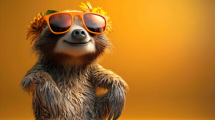 Fototapeta premium Cool Sloth 3D Render Illustration with Sunglasses and Flowers