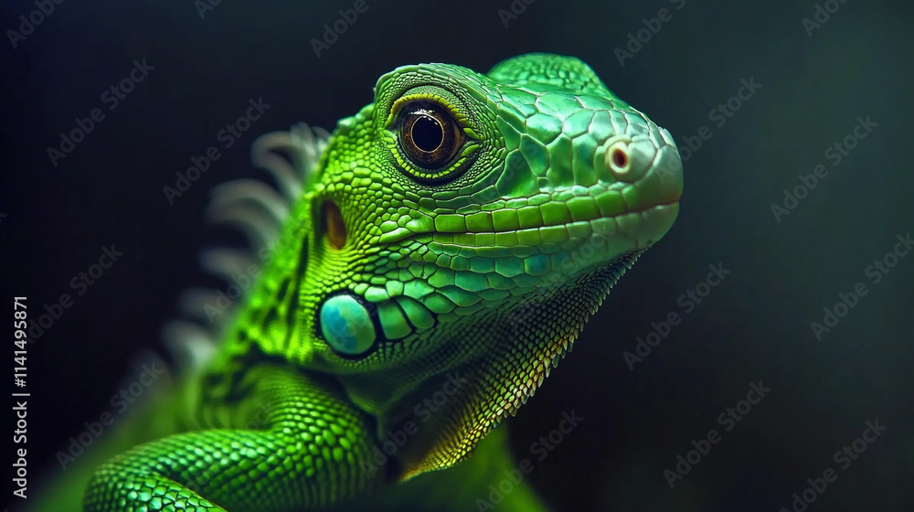 Poster vibrant green lizard displays intricate patterns in a lush environment under soft lighting
