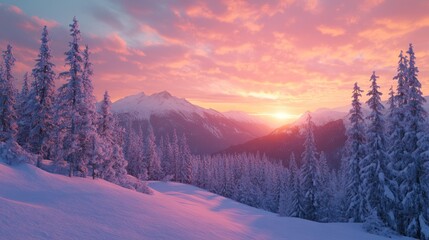 A serene winter landscape at sunset, with snow-covered trees and mountains.