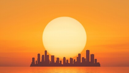 Illuminated city outlines, vivid orange sunset horizon, vision of change and advancement.