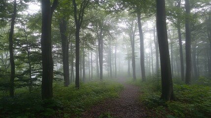 Obraz premium Foggy Forest Pathway Surrounded by Lush Green Trees in Tranquil Nature Scene