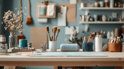 A cozy art studio featuring brushes, paints, and decorative elements on a wooden table against a serene blue backdrop.