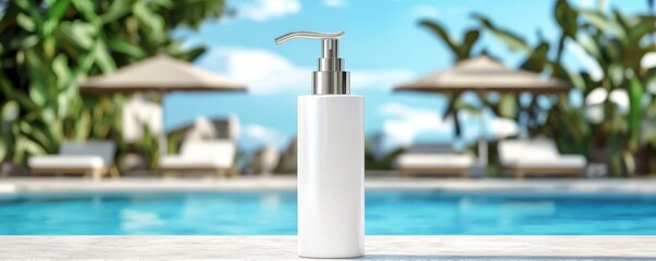 Naklejka premium Elegant white shampoo bottle by poolside in a relaxing resort