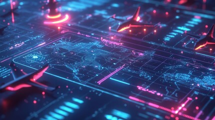 Fototapeta premium high-tech background featuring holographic elements like radar screens, glowing tactical maps, and outlines of modern military equipment such as aircraft, naval vessels, and drones, 16:9