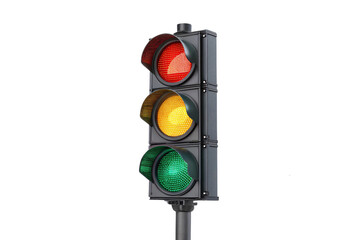 A standard three-light traffic signal shows red, yellow, and green lit indicators, embodying urban traffic control and systematic road safety, against on a transparent background