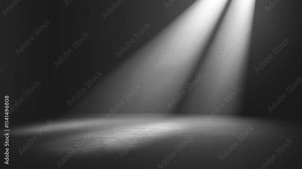 Poster minimalistic abstract grey background featuring an empty room illuminated by a spotlight effect – id