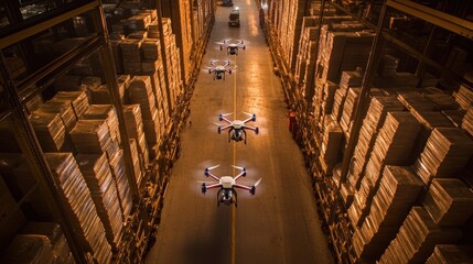 An overhead shot of a warehouse filled with stacked goods with drones scanning the environment for unusual arrangements or misp items.